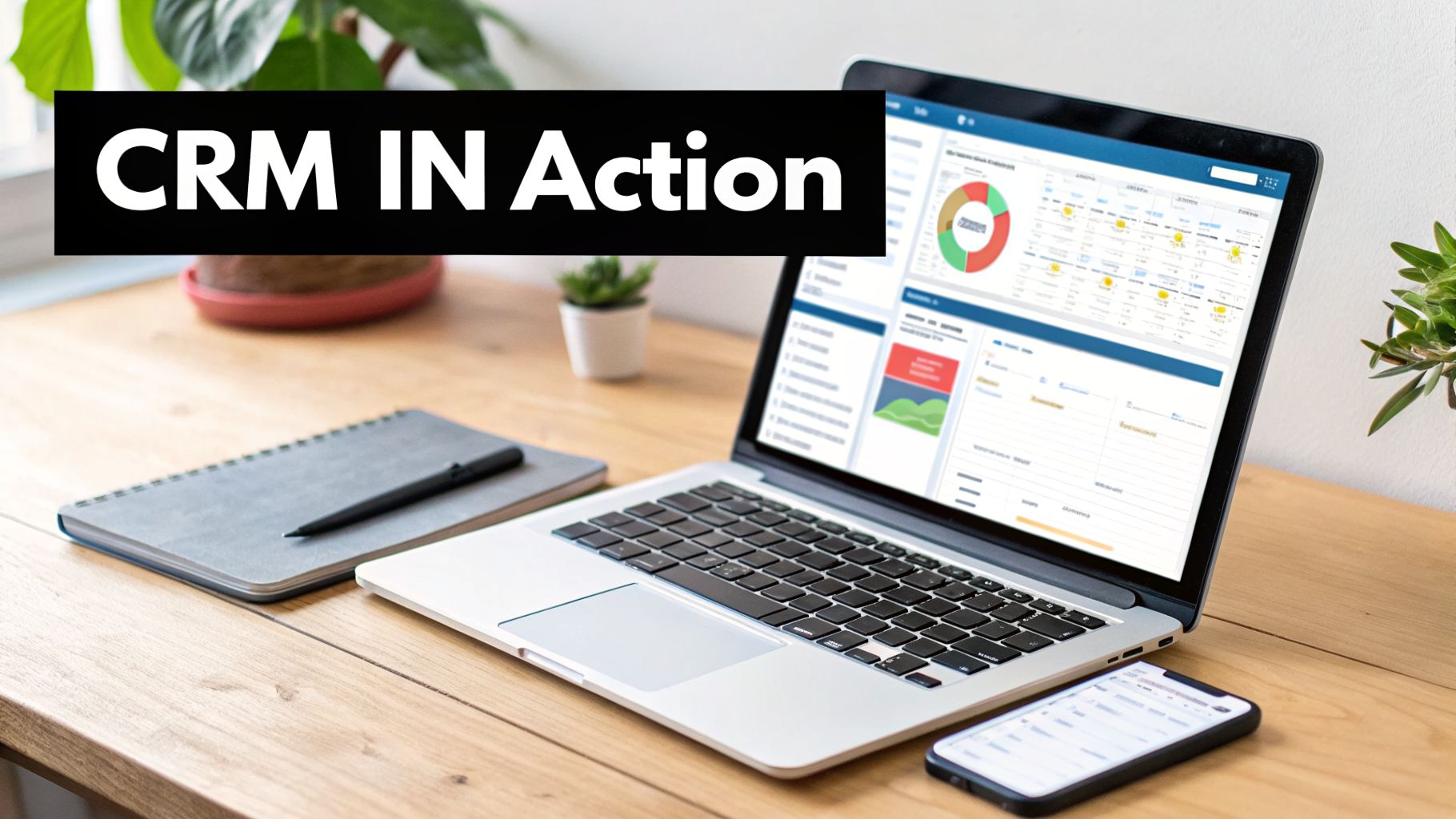Laptop showing a CRM dashboard on a wooden desk with a notebook and smartphone, featuring 'CRM IN Action'.
