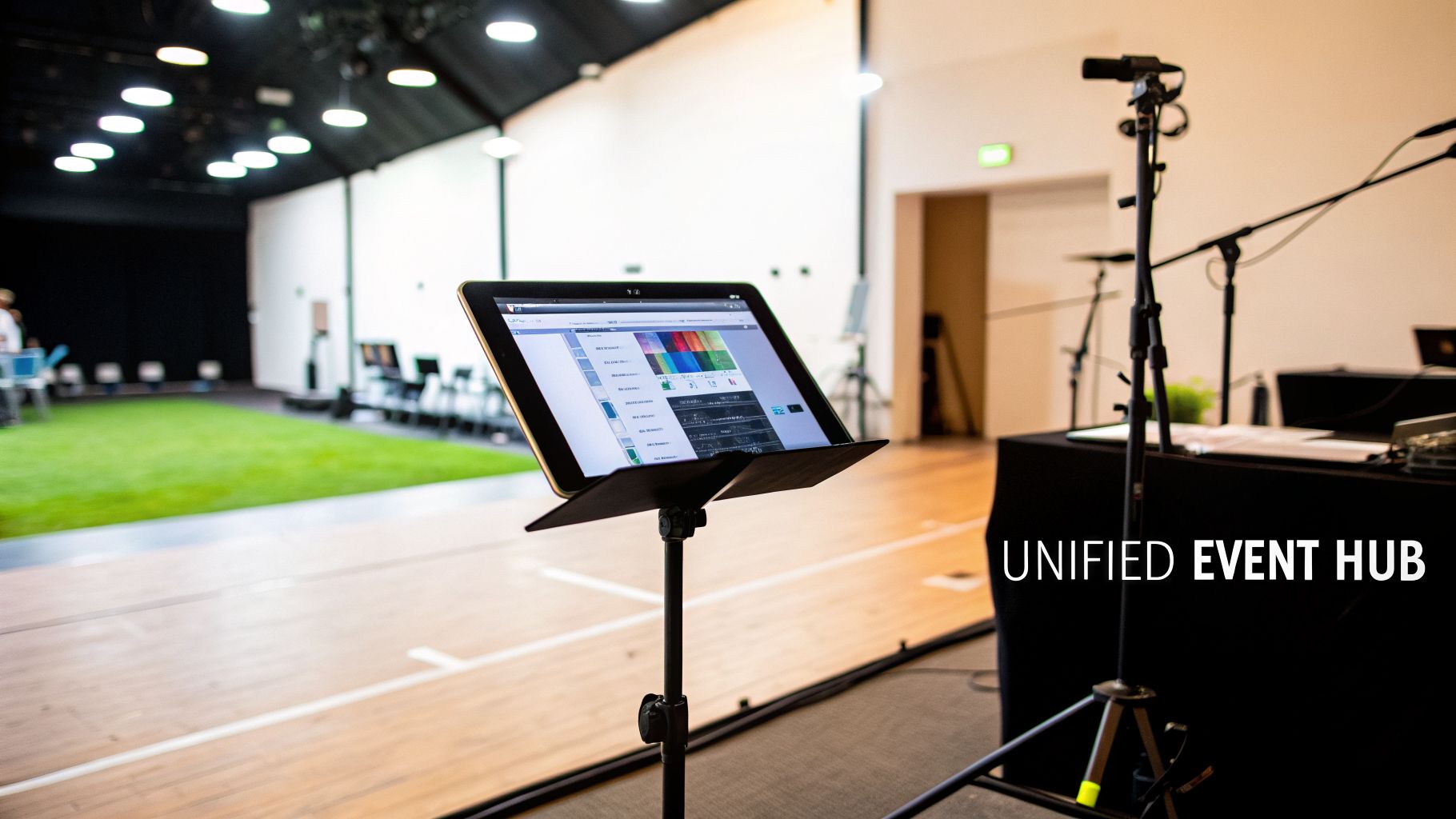 A tablet on a stand displaying event management software in a conference room setup.