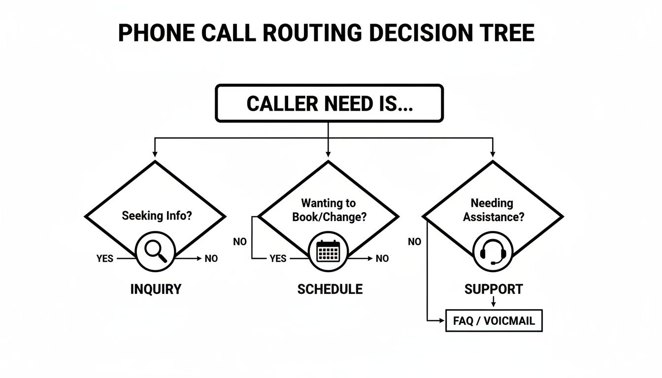 A phone call routing decision tree diagramming caller needs for information, booking, or assistance.