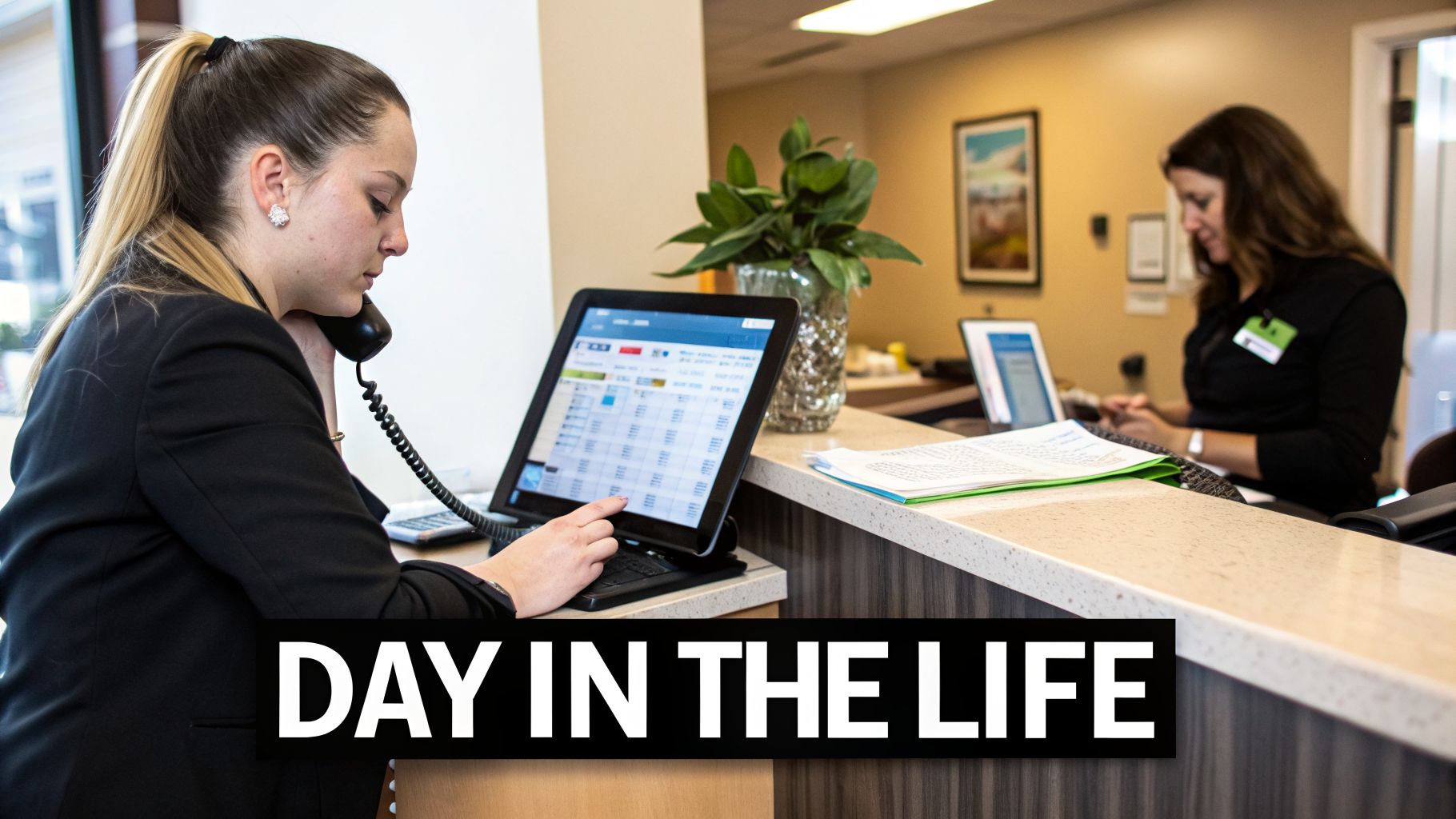 Two female receptionists working at a modern front desk, one taking a call and using a tablet.