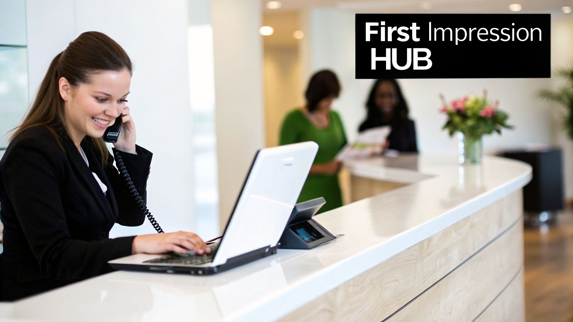 A smiling receptionist on the phone and laptop at a modern front desk with guests in the background.