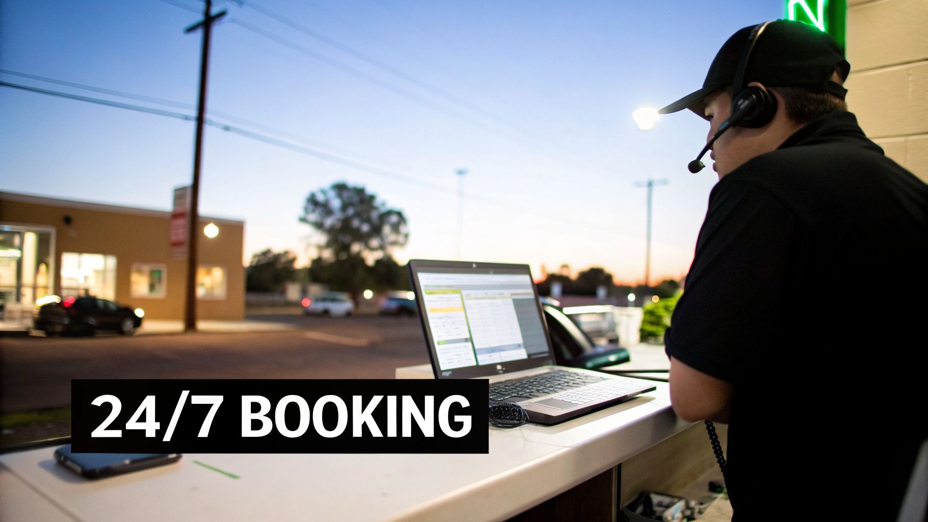 A person with a headset and cap at a counter using a laptop for 24/7 booking services at dusk.