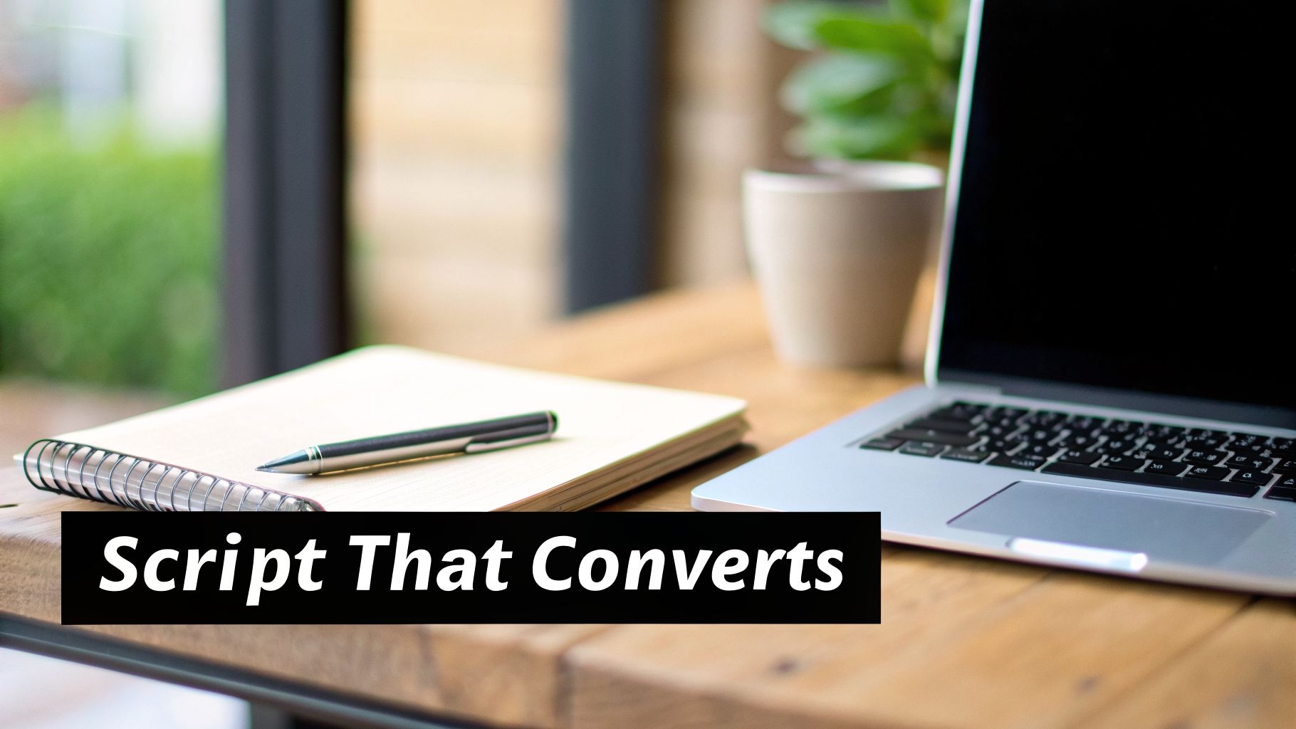 A modern workspace setup with a laptop, notebook, and pen on a wooden desk, featuring 'Script That Converts'.