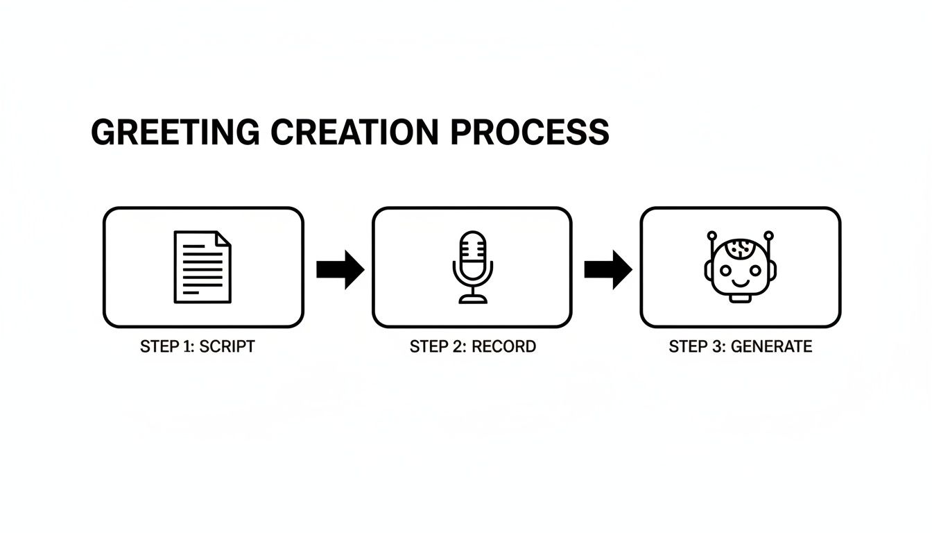 Flowchart showing three steps for greeting creation: script, record, and generate.