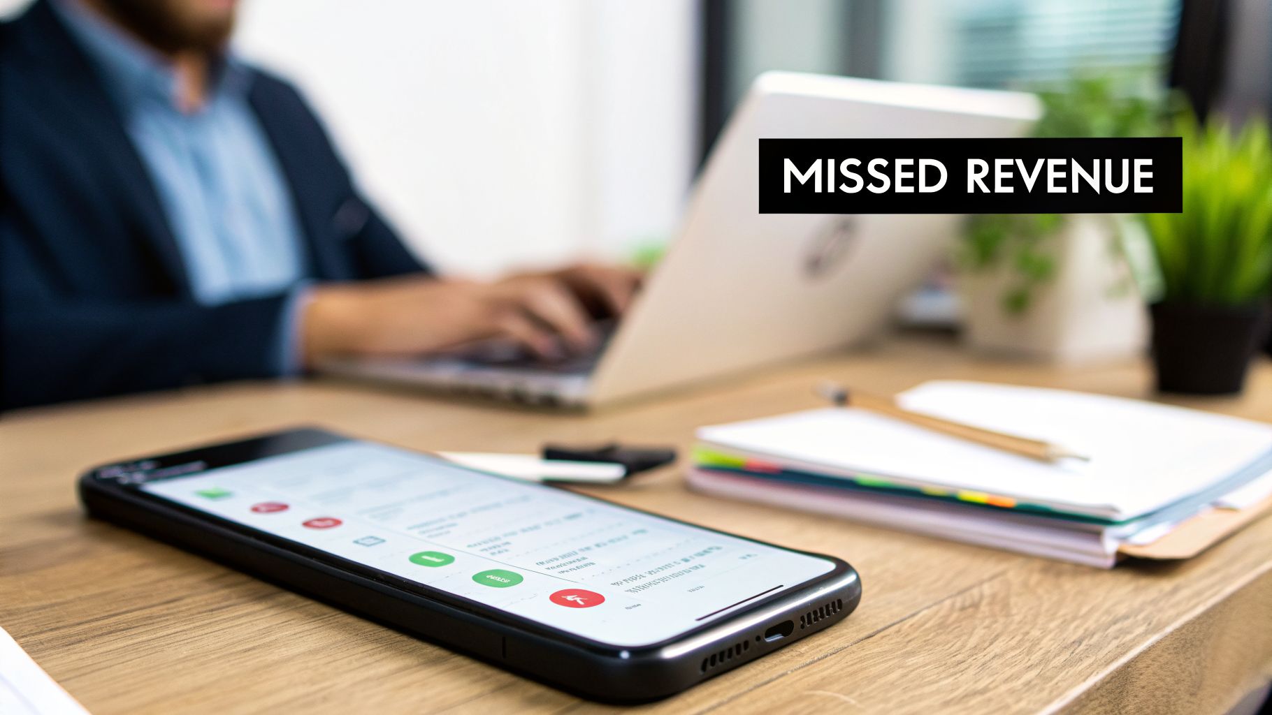 A businessman typing on a laptop, with a smartphone displaying missed calls and a 'MISSED REVENUE' text overlay.
