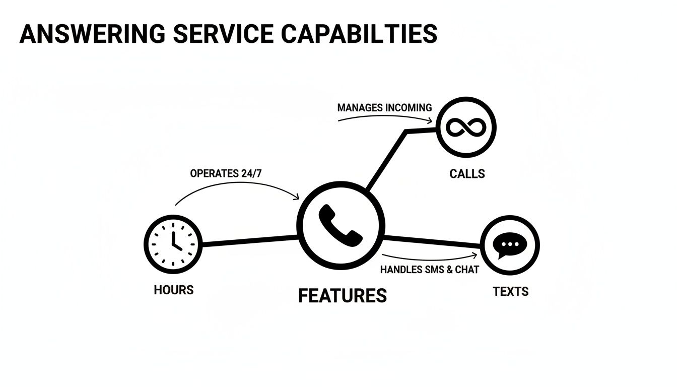 Diagram illustrating answering service capabilities including 24/7 operation, managing calls, and handling SMS & chat.