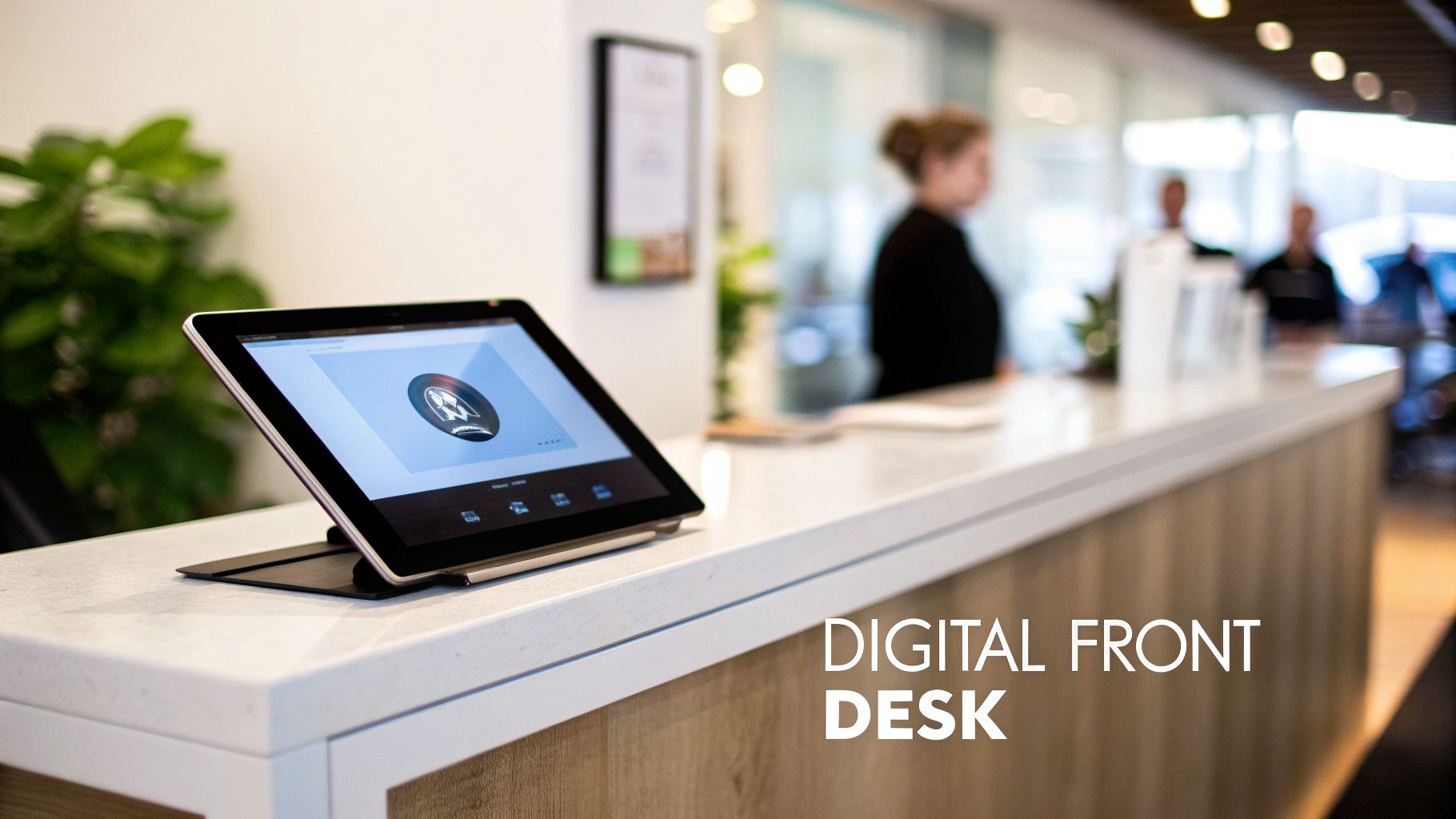 A digital tablet on a modern reception desk serves as an auto answering service for visitors.