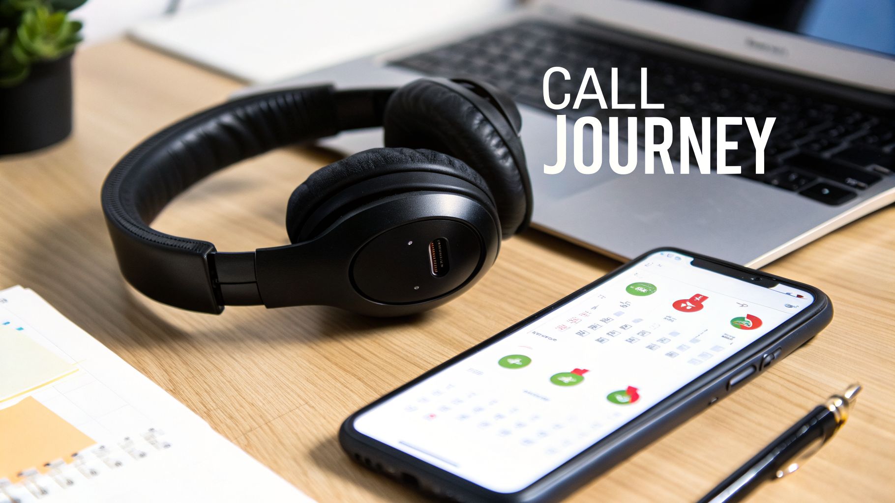 A professional desk setup with headphones, laptop, smartphone displaying a calendar, and 'CALL JOURNEY' text.