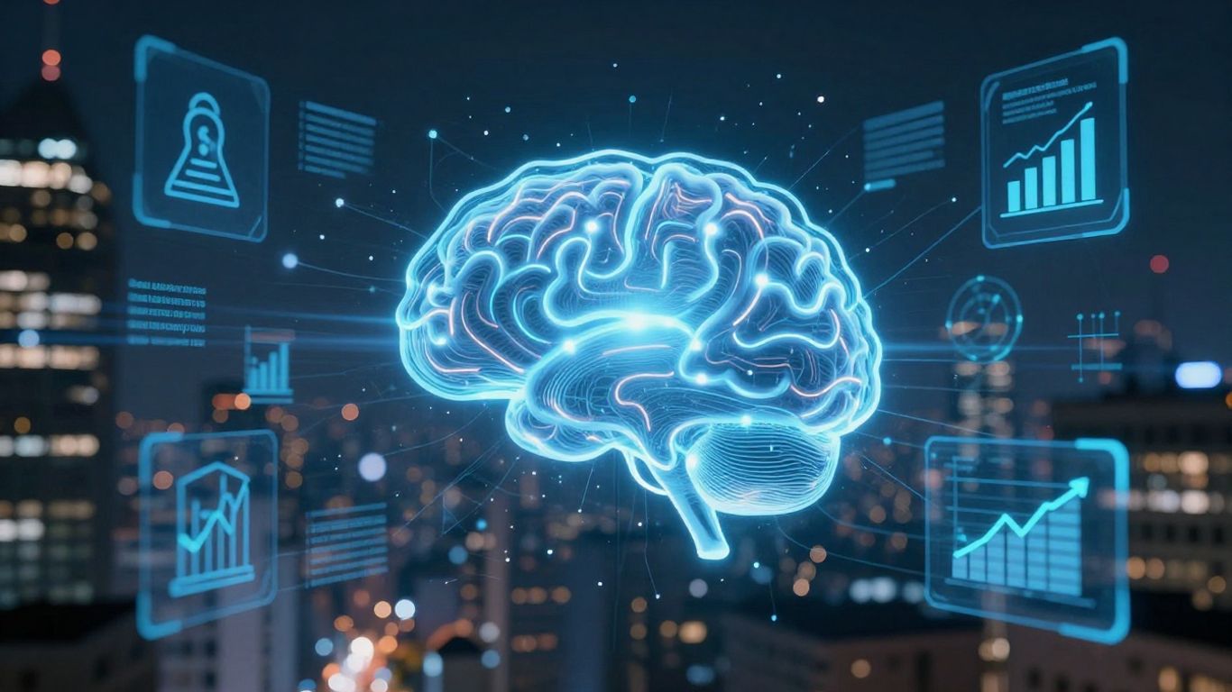 AI brain connecting business icons in a futuristic city.