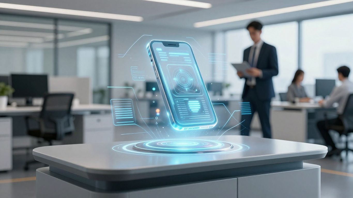 AI phone system assisting business professional in office.