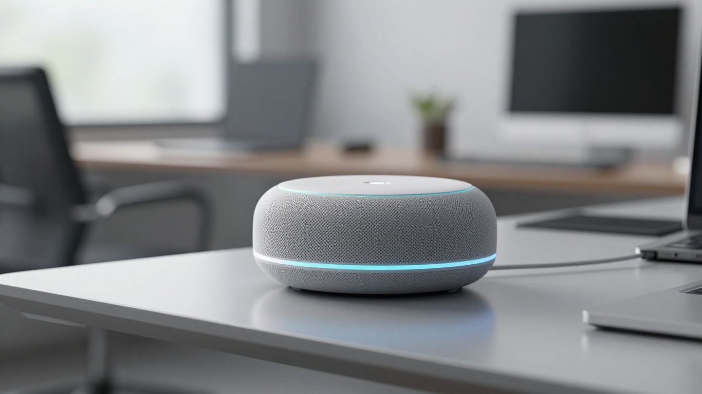 AI voice assistant device on a modern office desk.