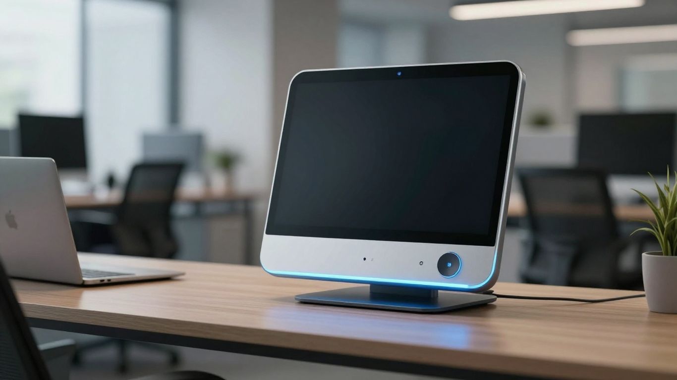 AI voice assistant device in a modern office.