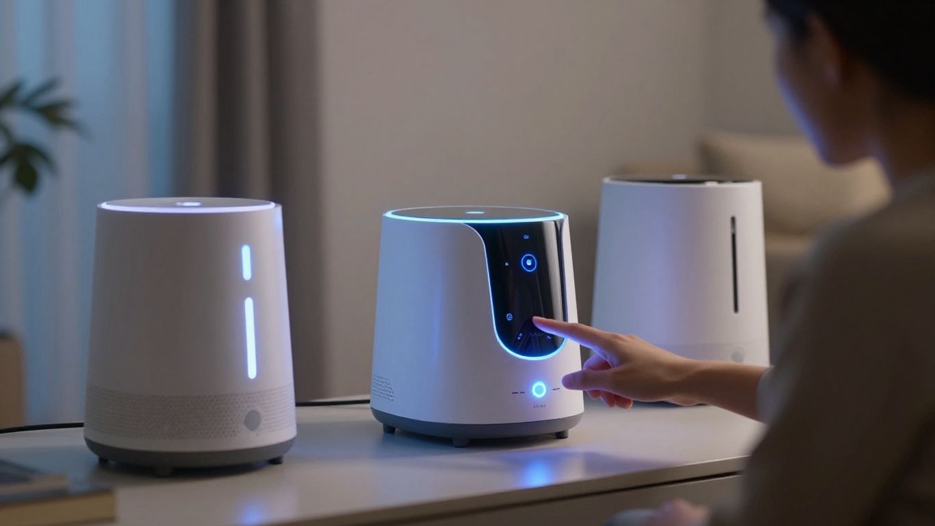 Futuristic living room with AI voice assistant devices.