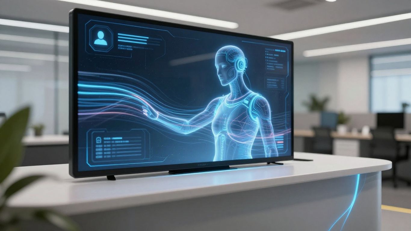 AI receptionist interface in a modern office.