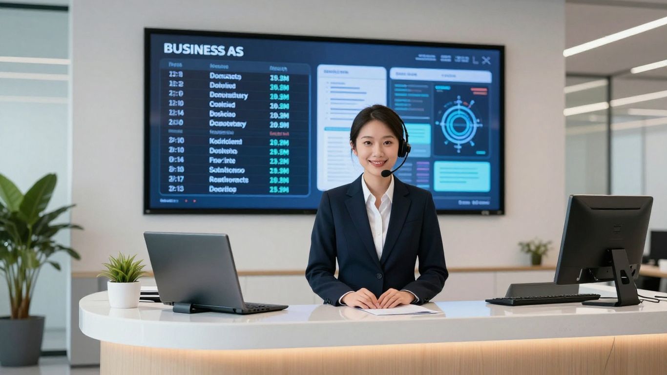 AI receptionist managing business hours in a modern office.