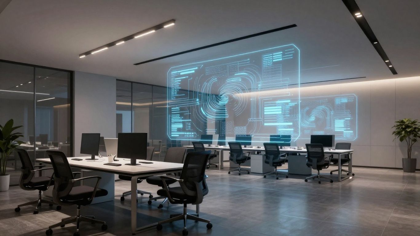 Futuristic office with holographic AI interface.