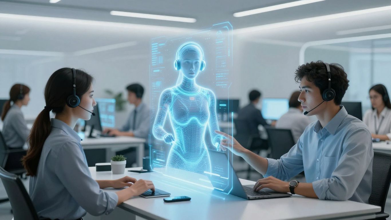 AI voice agent interface in a modern office setting.