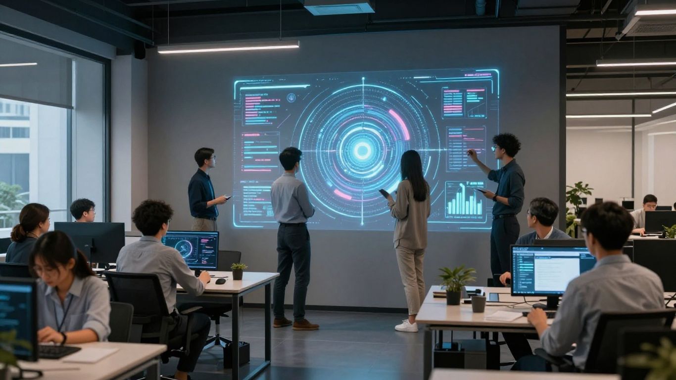 Team collaborating with holographic AI interface in modern office.