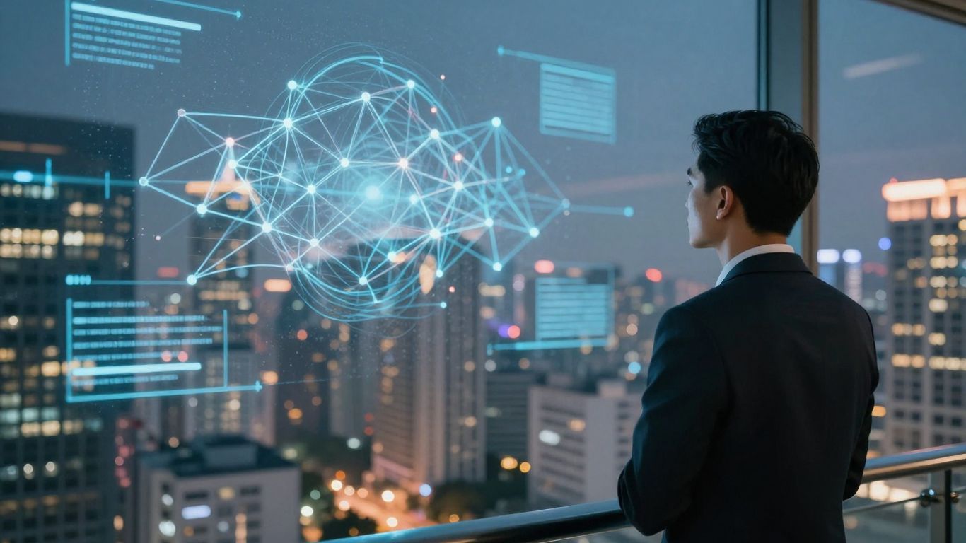 AI transforming real estate with futuristic cityscape.