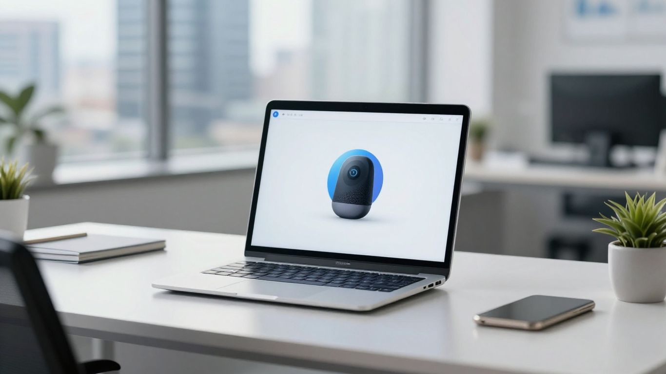 AI voice assistant on a desk in a modern office.