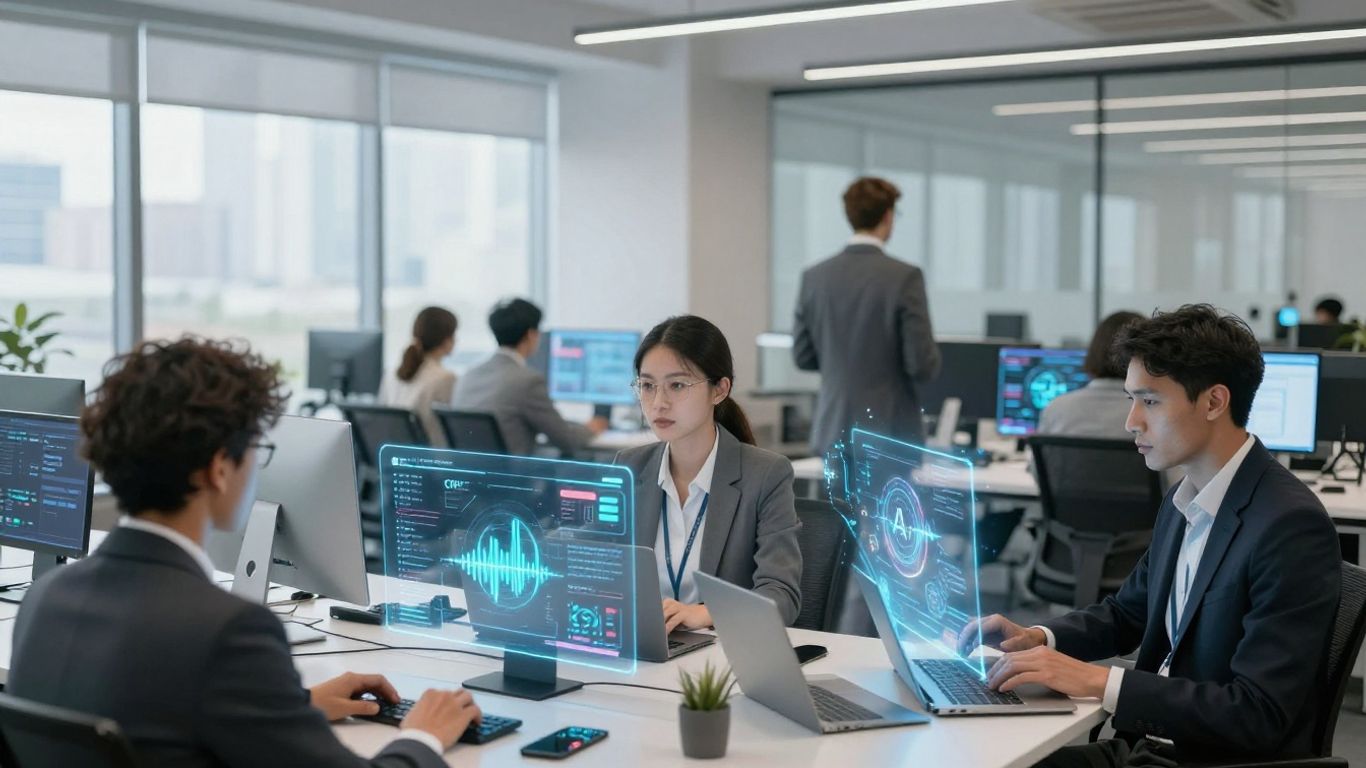 Professionals using holographic interfaces with voice AI integration.