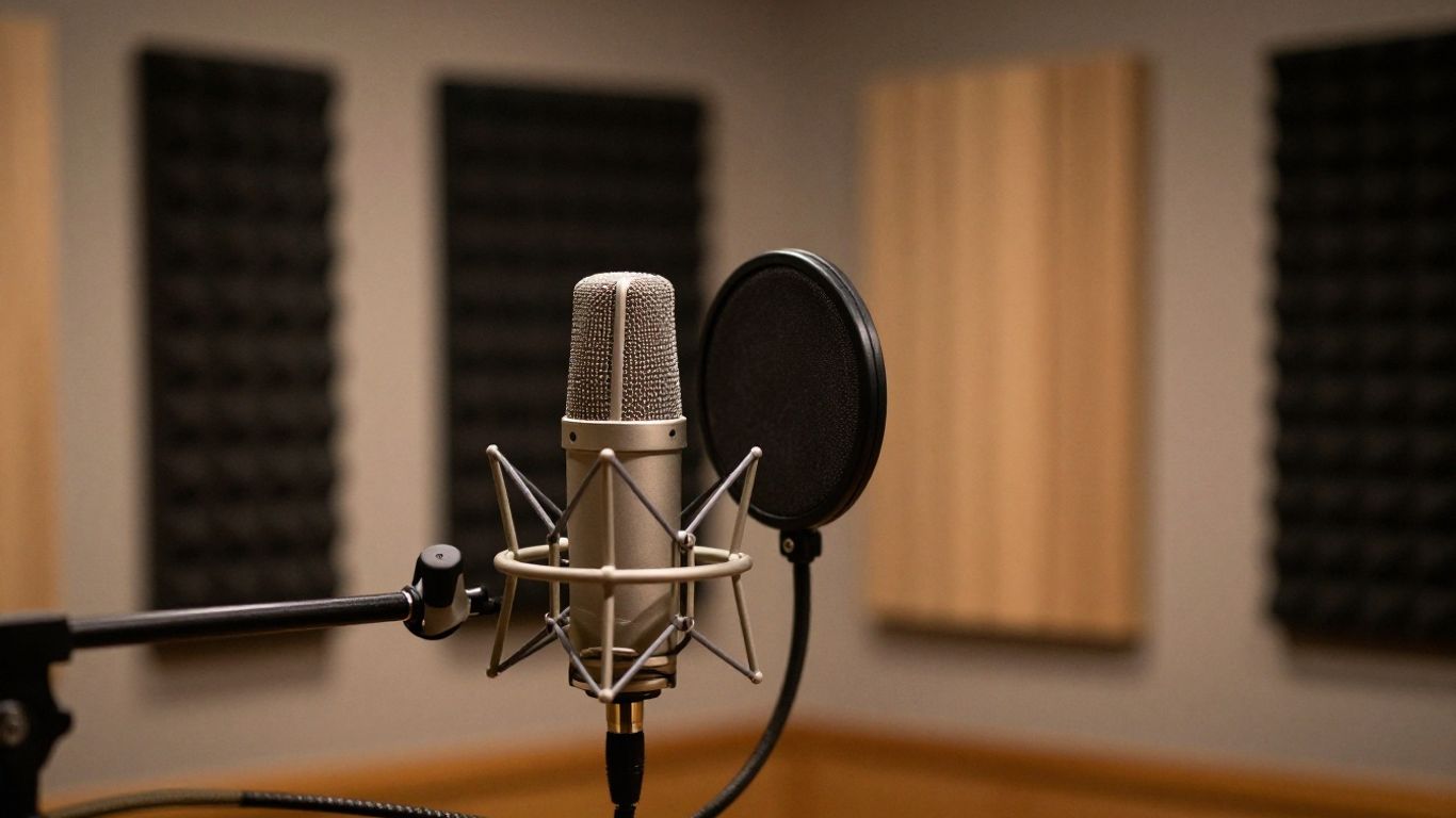 Professional voice recording studio with microphone and soundproofing.