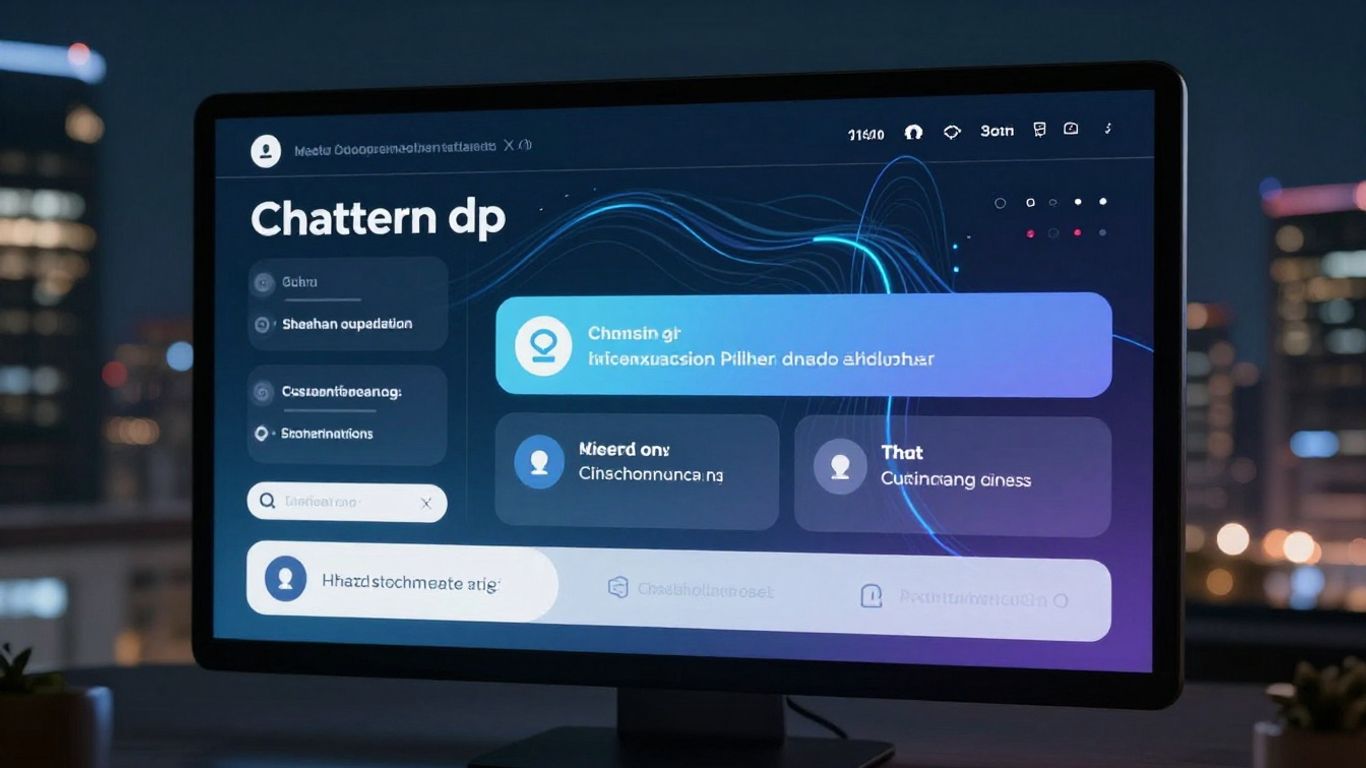 AI chatbot interface on a futuristic screen with cityscape background.