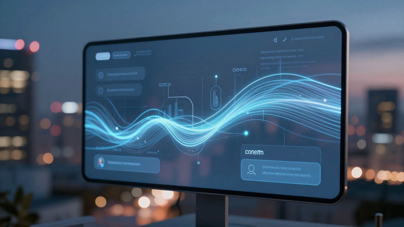 AI chatbot interface on a screen with city background.