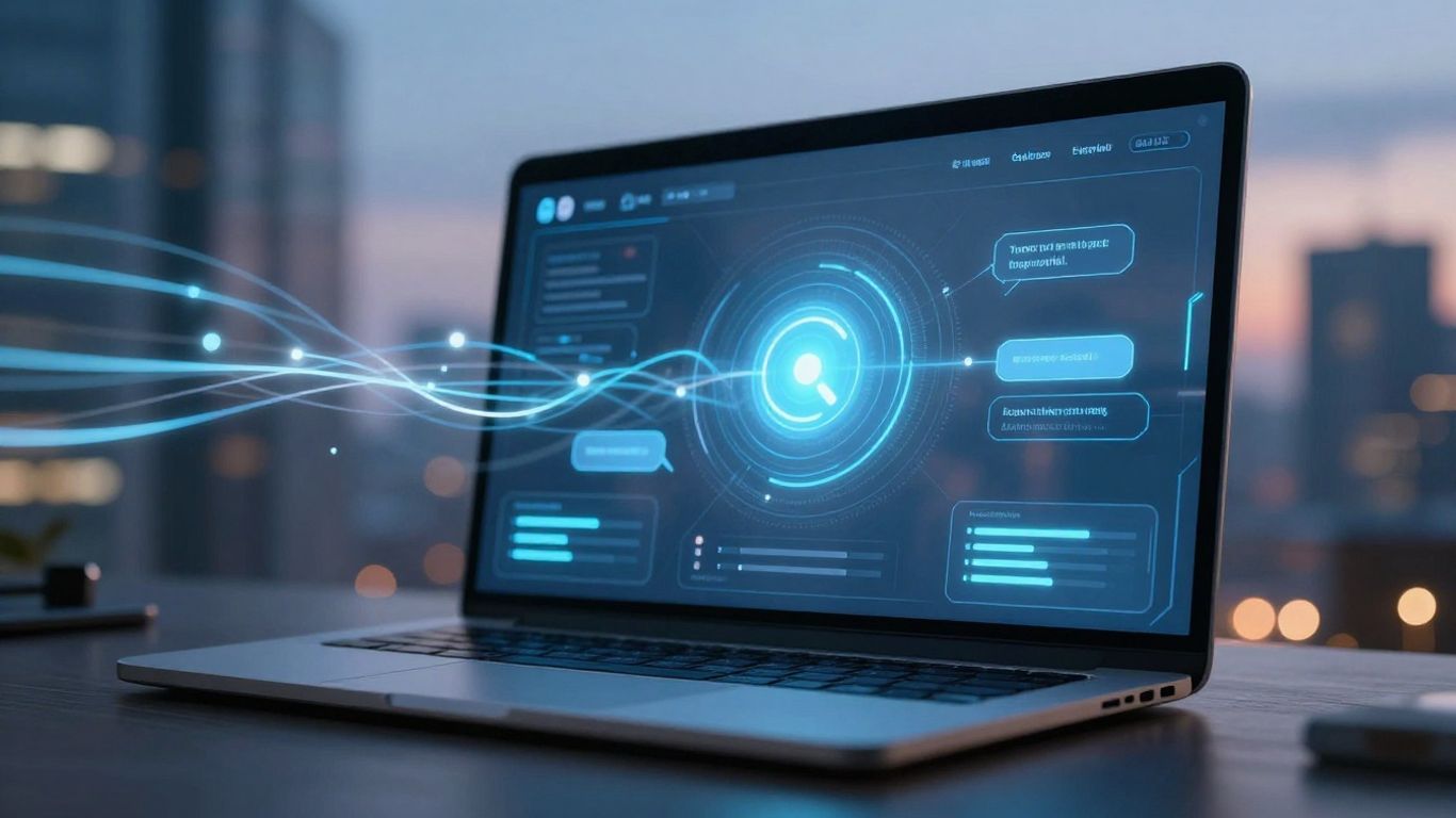 AI chatbot interface on a screen with city background.