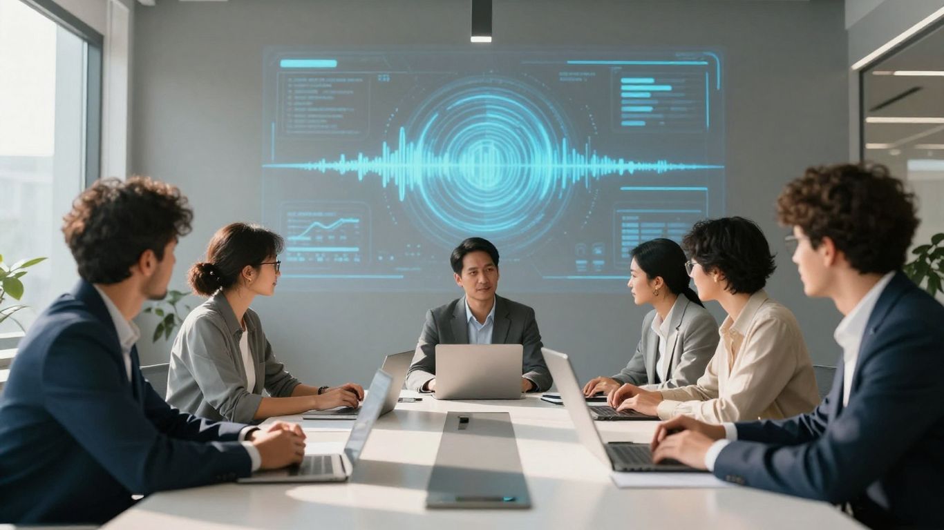 Team collaborating with AI soundwaves in modern office