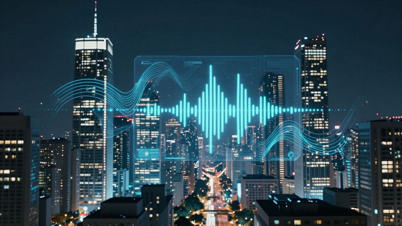 Futuristic cityscape with AI data streams and holographic interface.