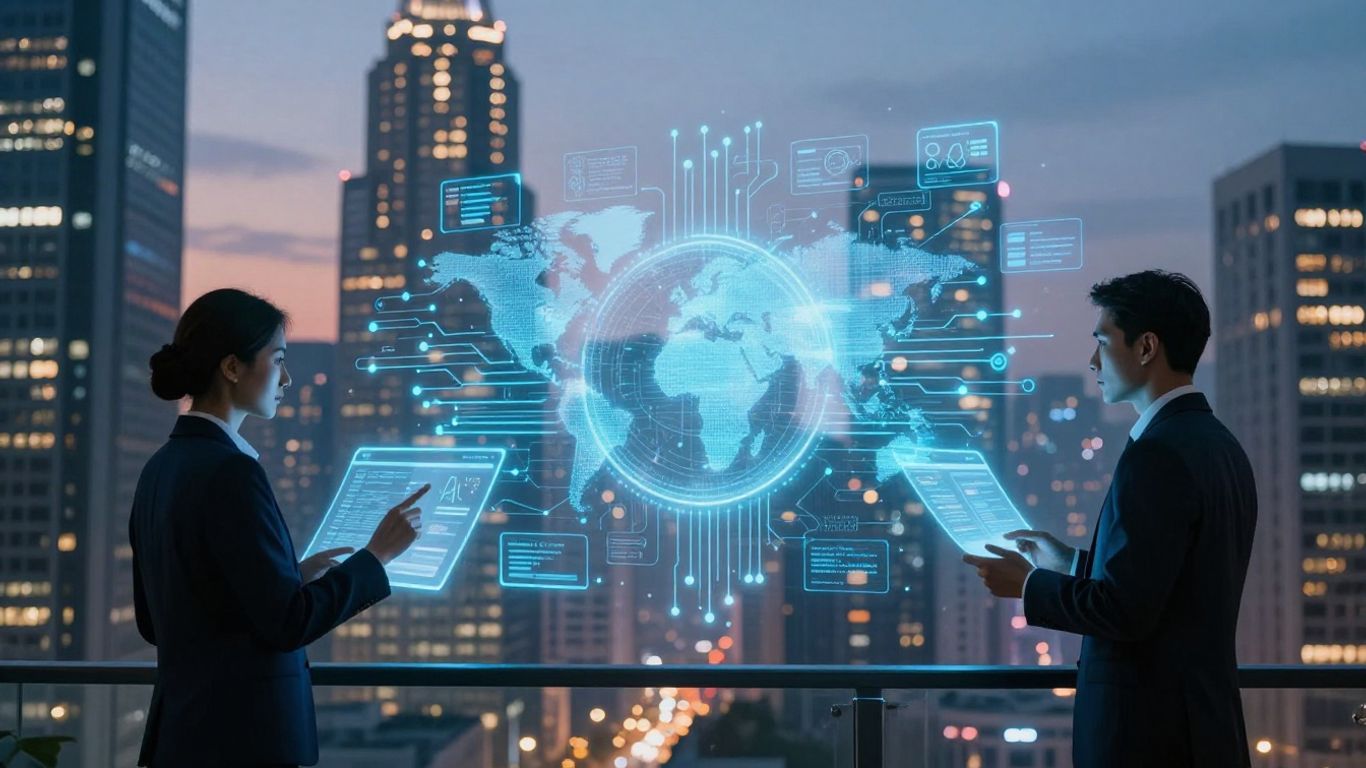 Futuristic cityscape with AI interfaces and professionals.