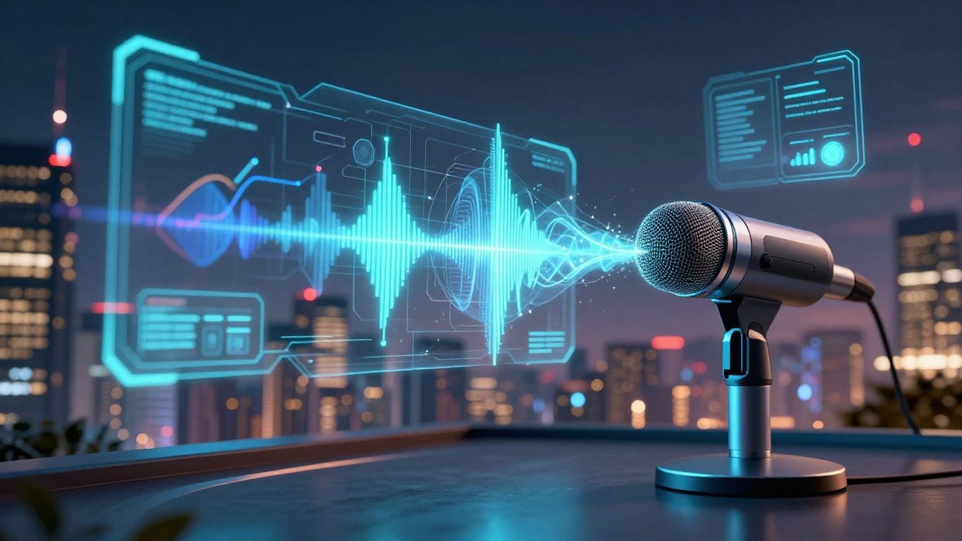 Futuristic cityscape with AI voice agent technology.