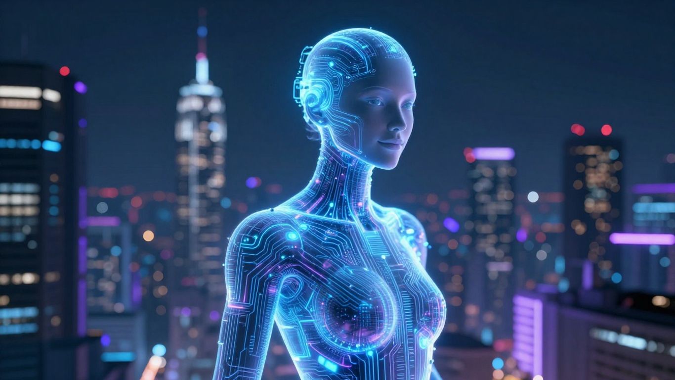 AI voice agent avatar in futuristic cityscape.
