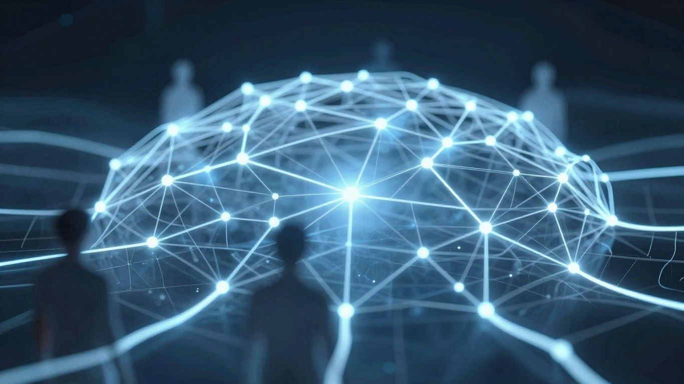 Futuristic neural network with human silhouettes interacting.