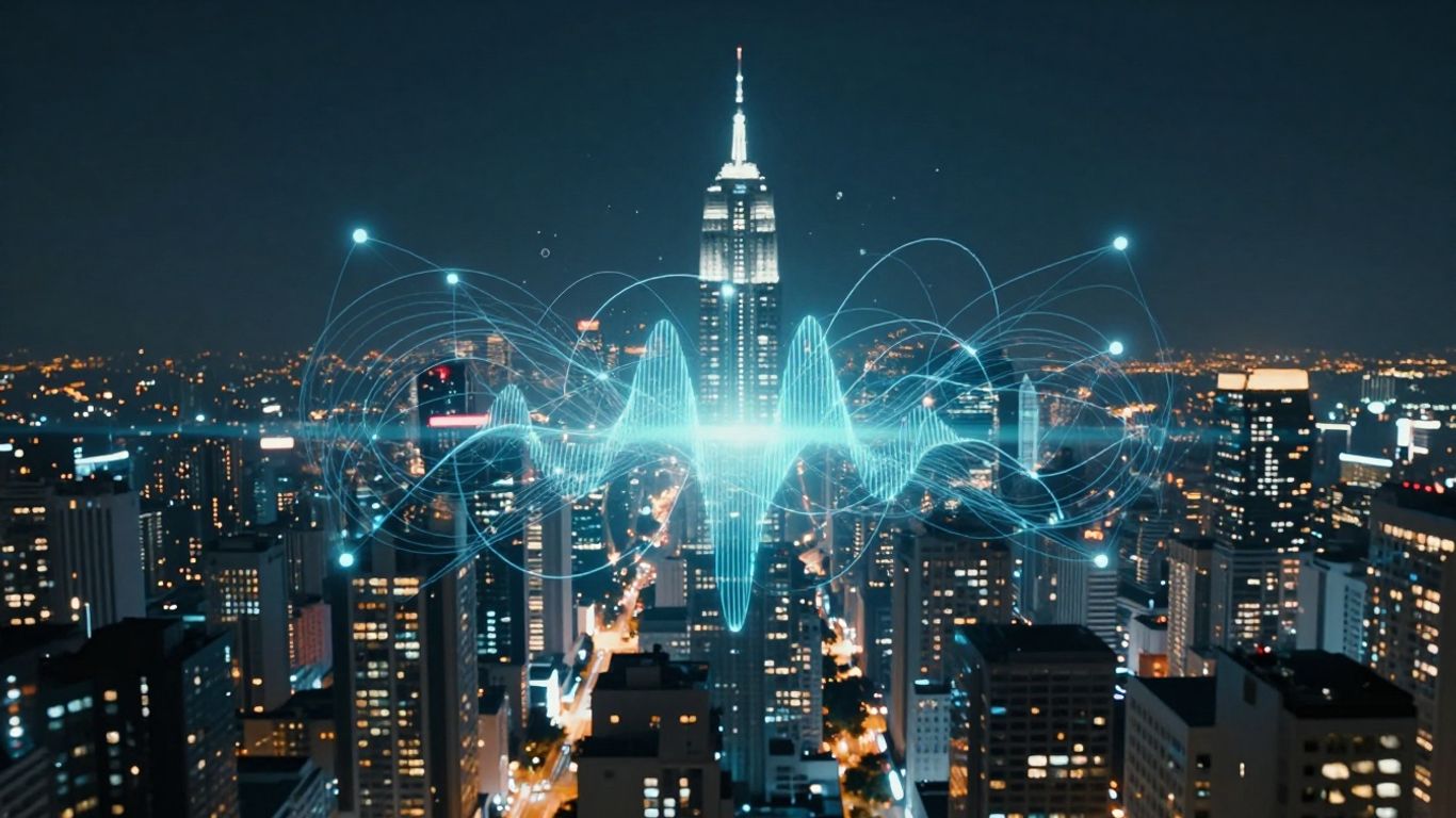 AI voice technology connecting a business city.