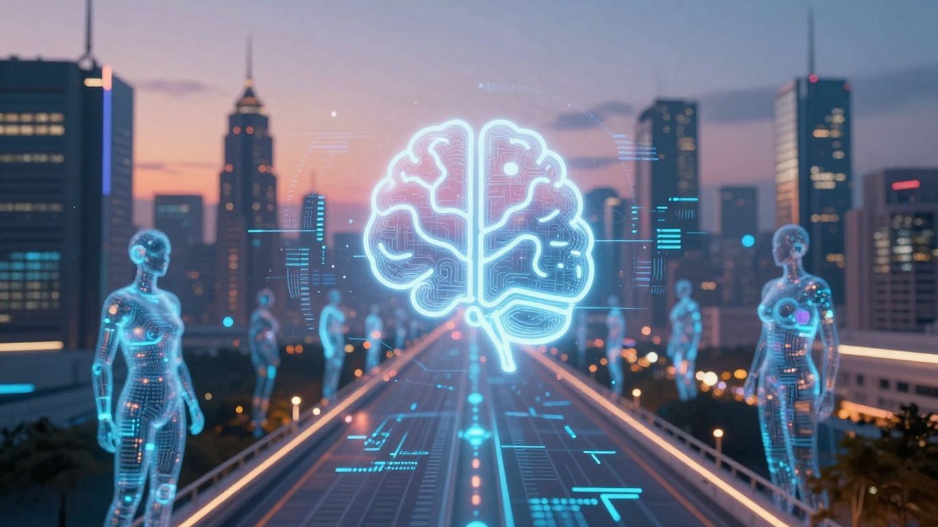 AI agents connecting digital pathways in a futuristic city.