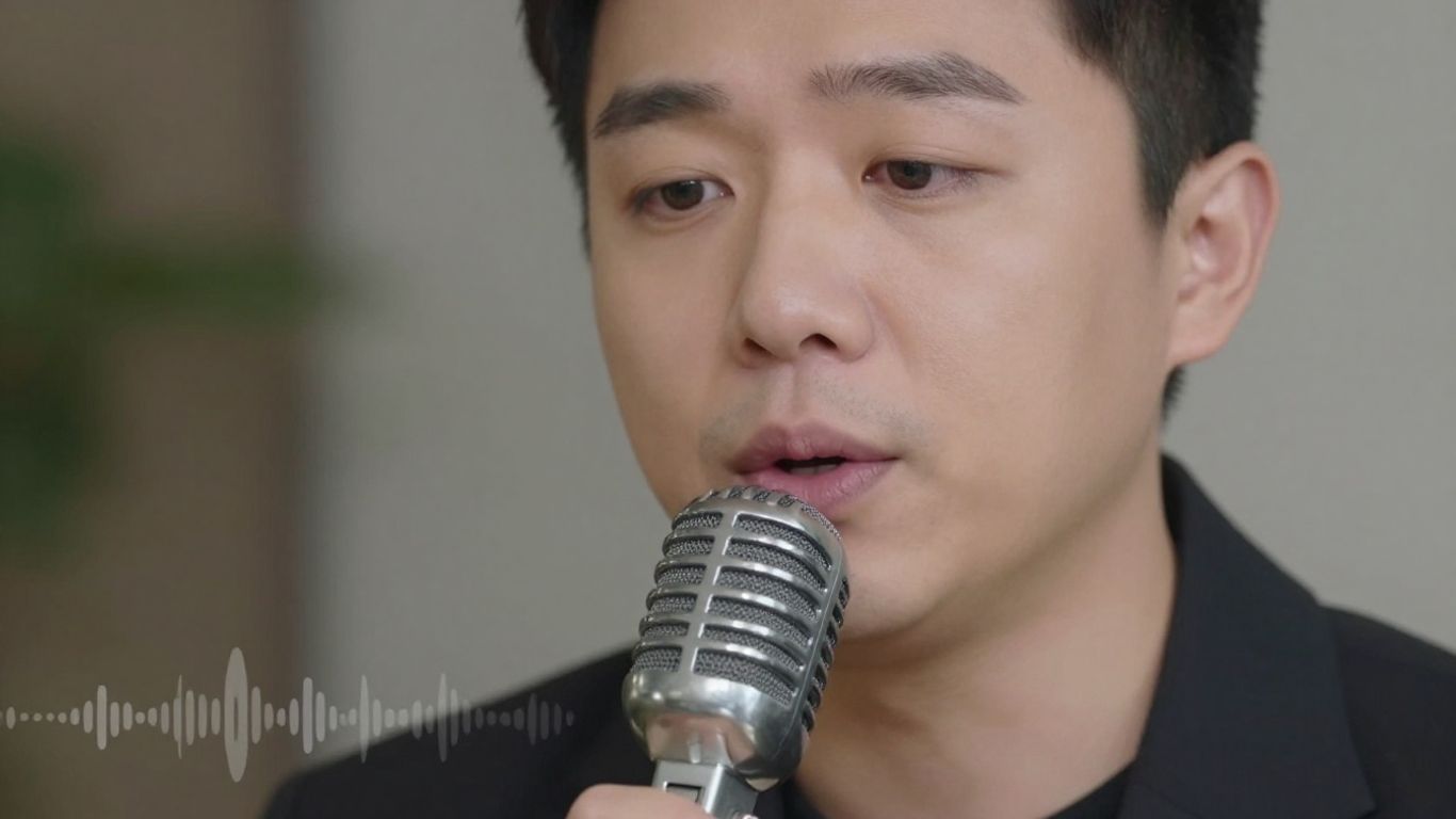 Person speaking into a vintage microphone, audio waves emanating.