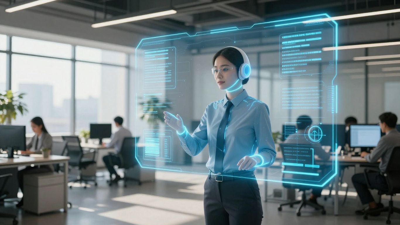 Realtor interacting with AI assistant in modern office