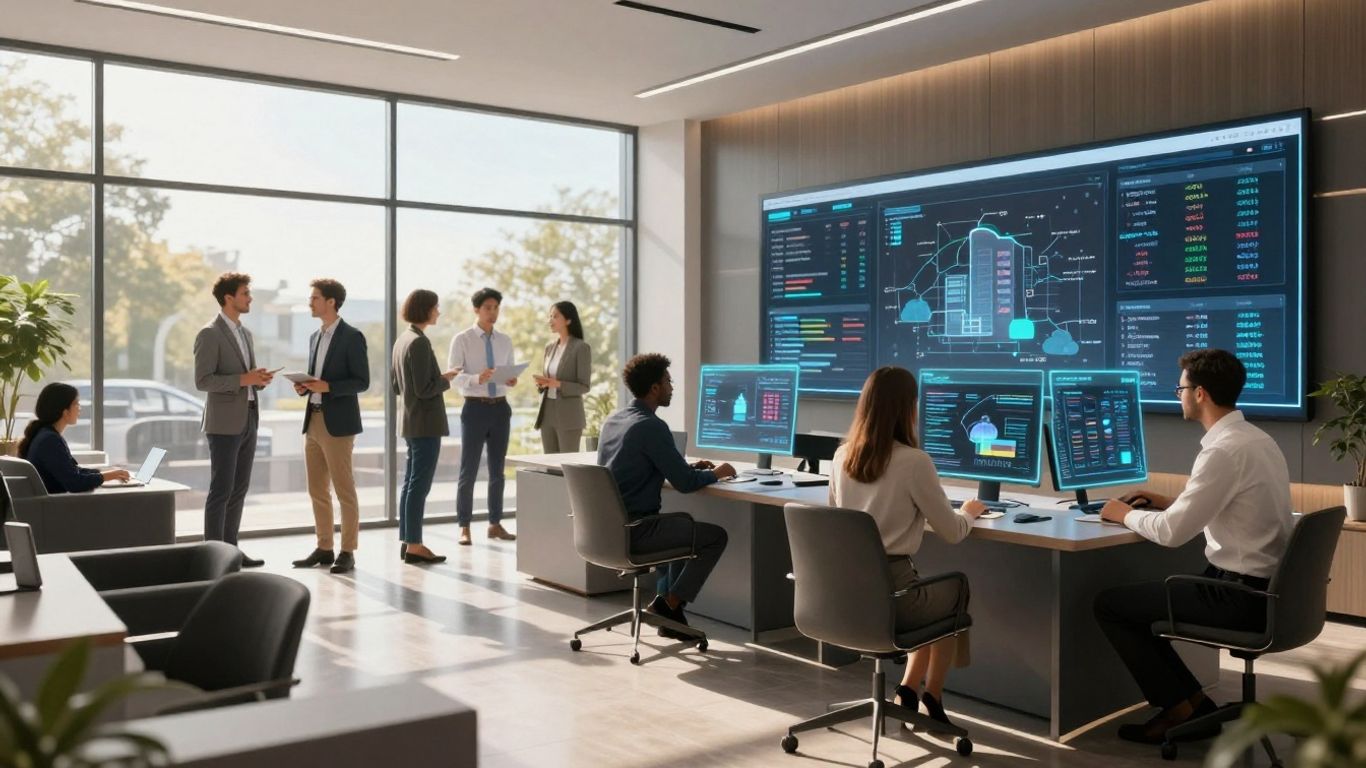 Real estate professionals using AI technology in an office.