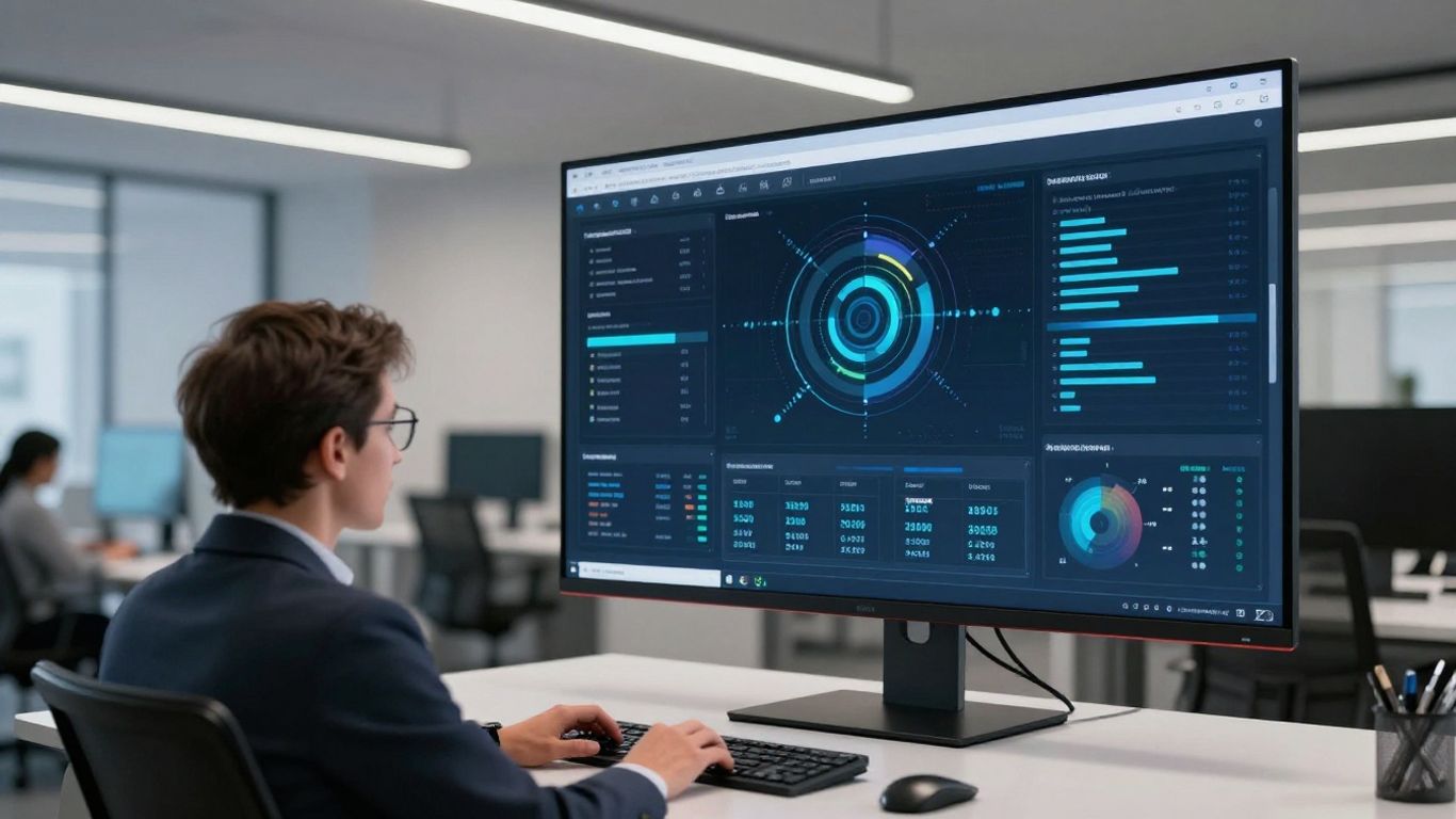 Professional interacting with advanced AI interface on monitor.