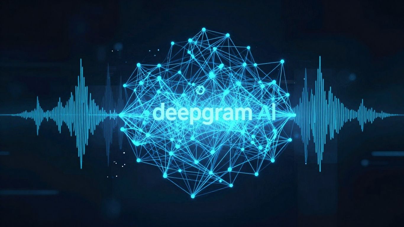 Deepgram AI technology with neural networks and sound waves.
