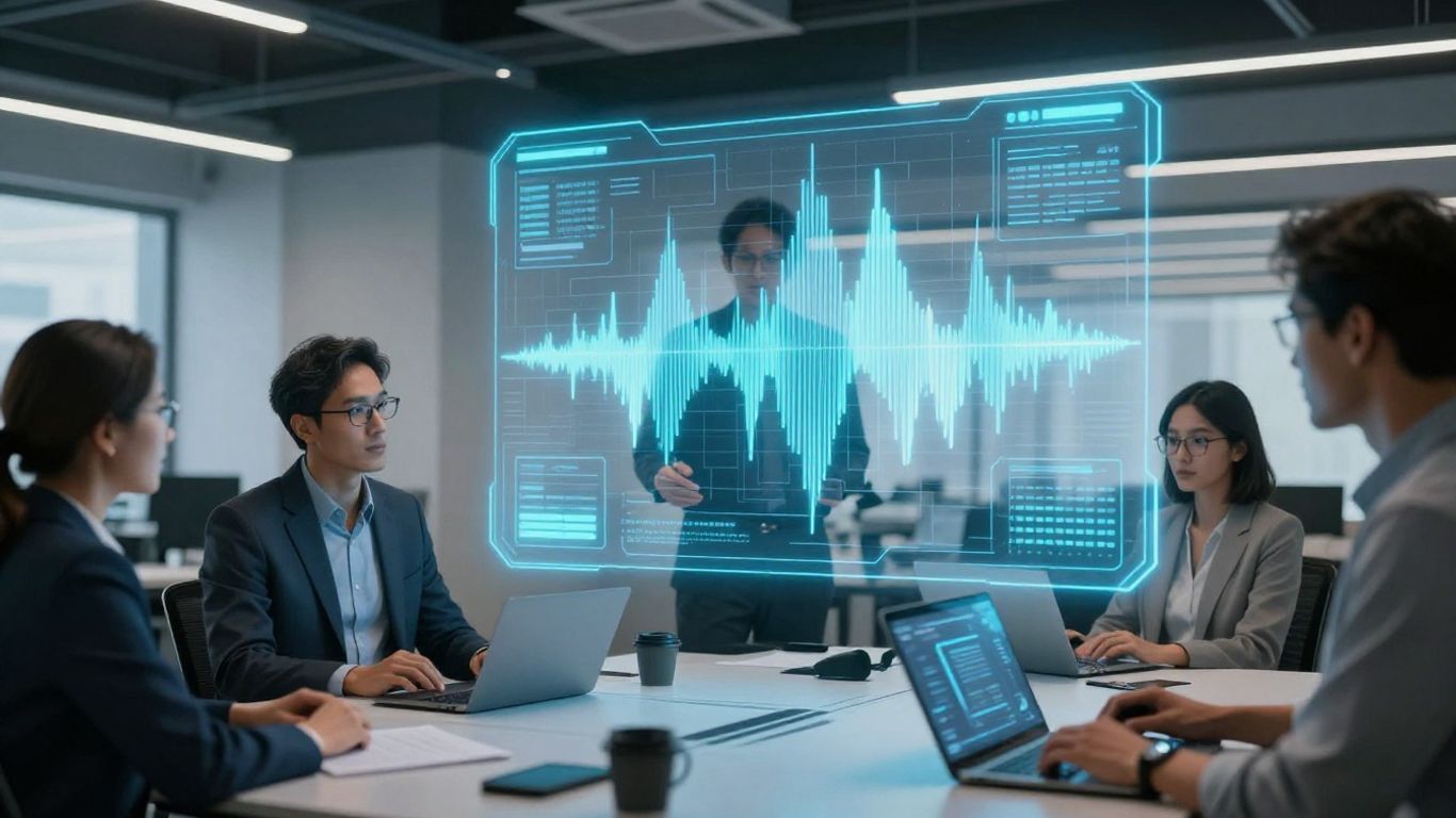 AssemblyAI logo with futuristic voice AI interface elements.