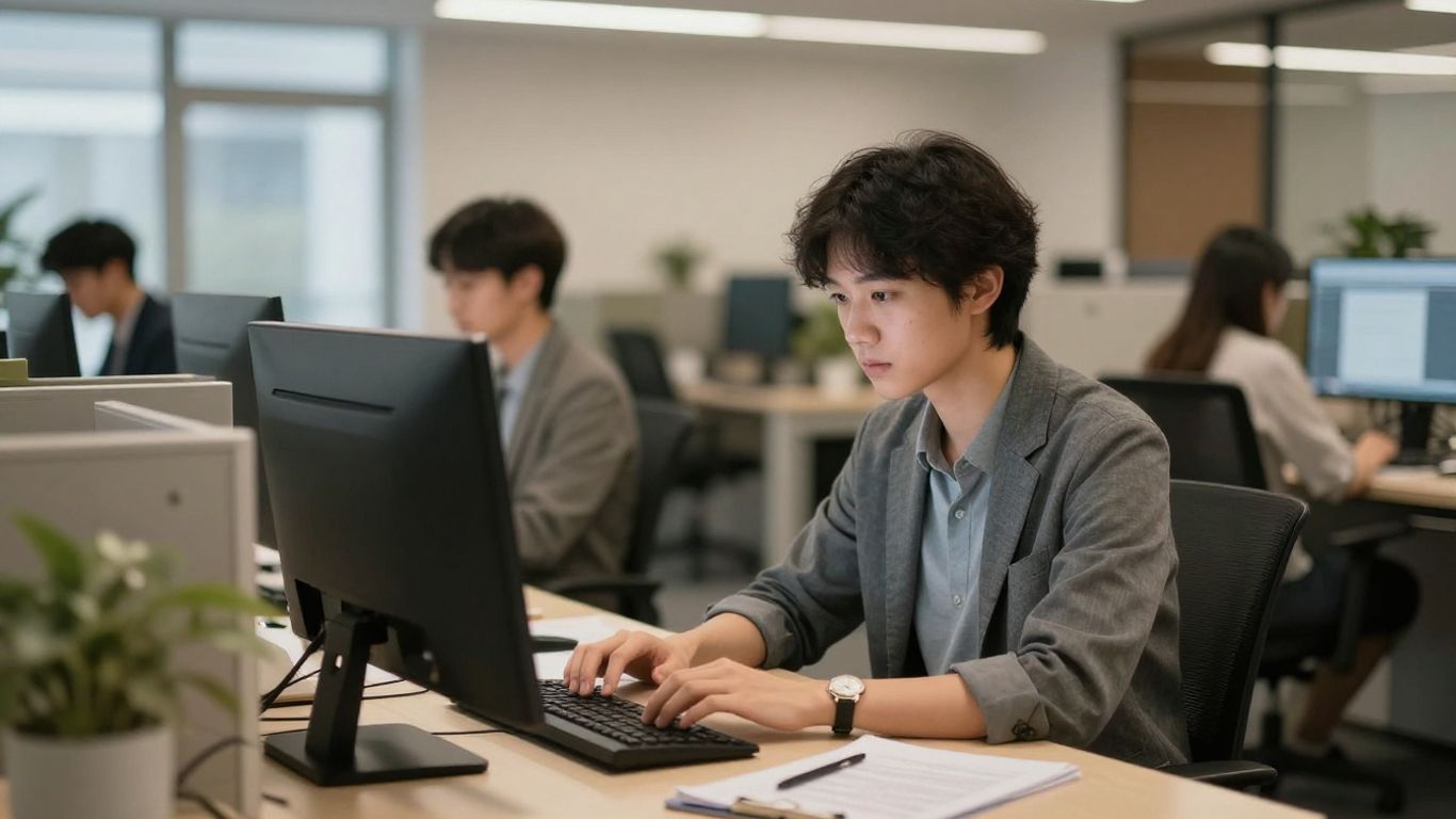 Real estate professional working alone in a modern office.