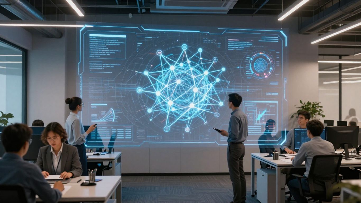 AI neural network visualization on a holographic display.