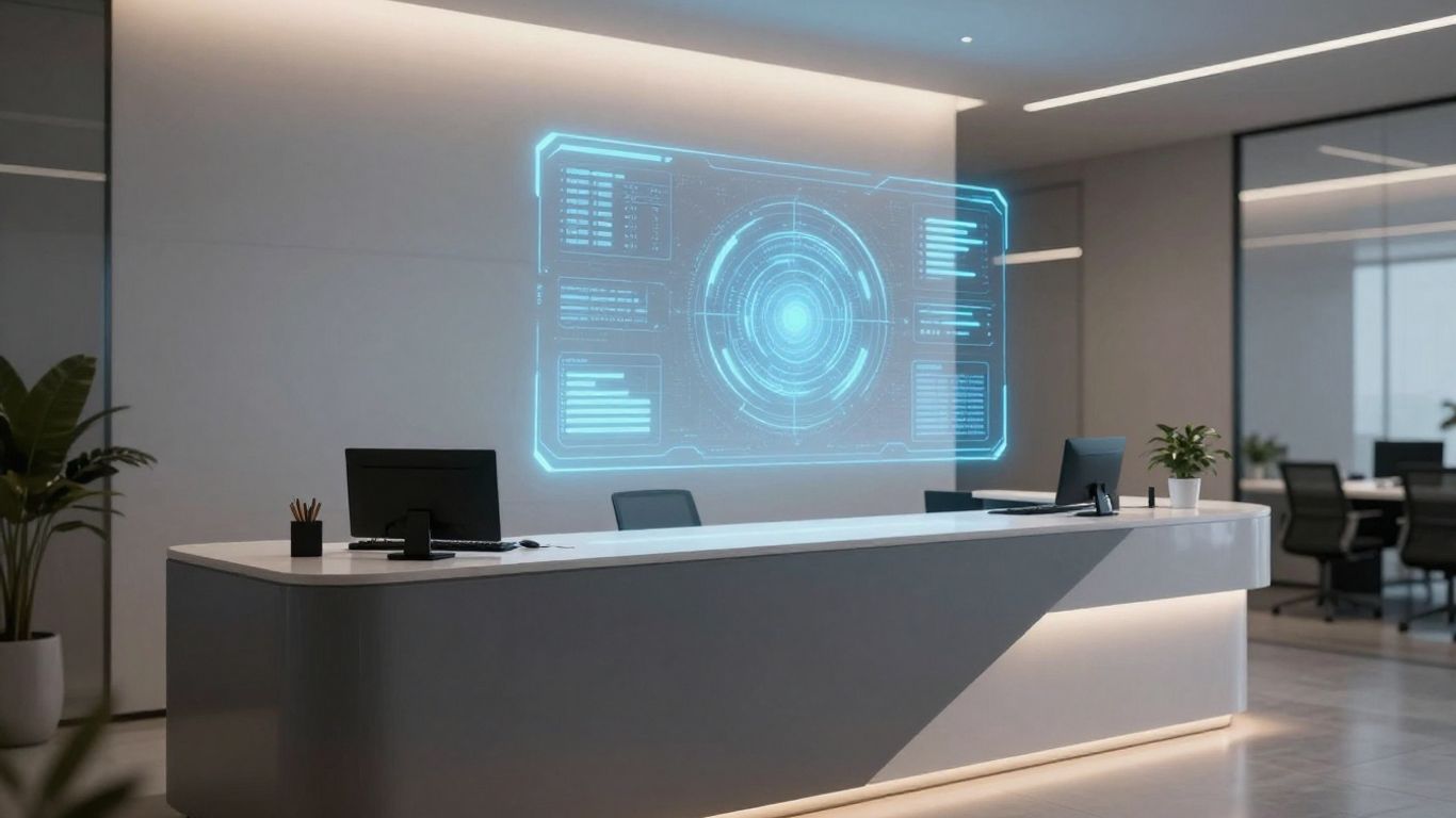 AI receptionist interface in a modern office reception.
