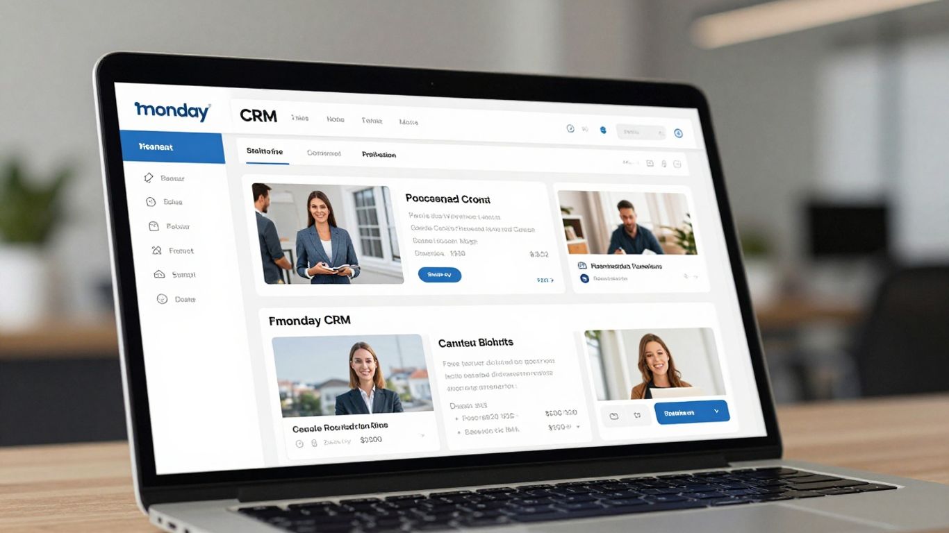monday CRM interface on a laptop screen