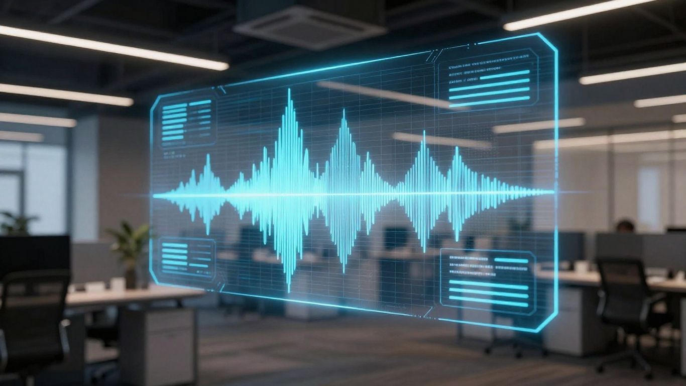 Bland AI holographic interface with soundwaves and data streams.