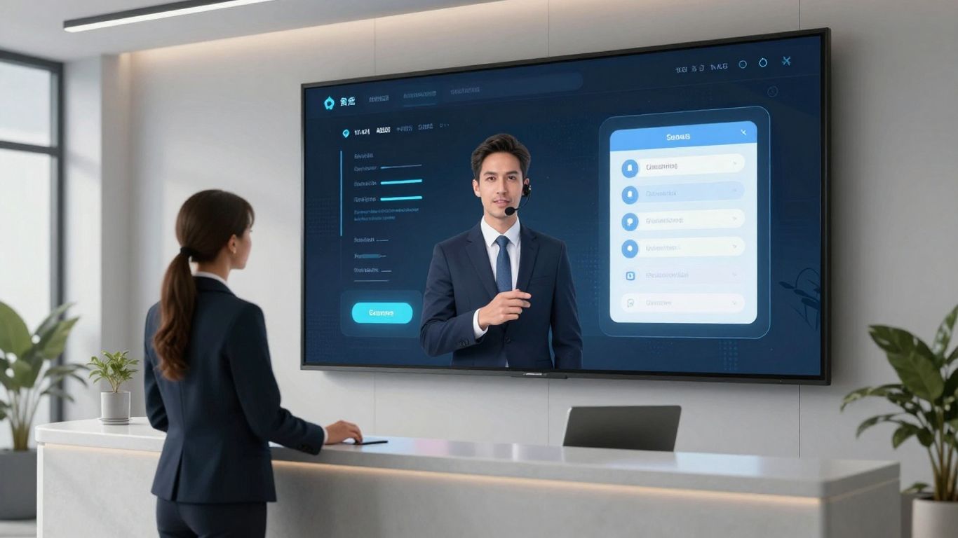 AI receptionist interface on a screen in an office.