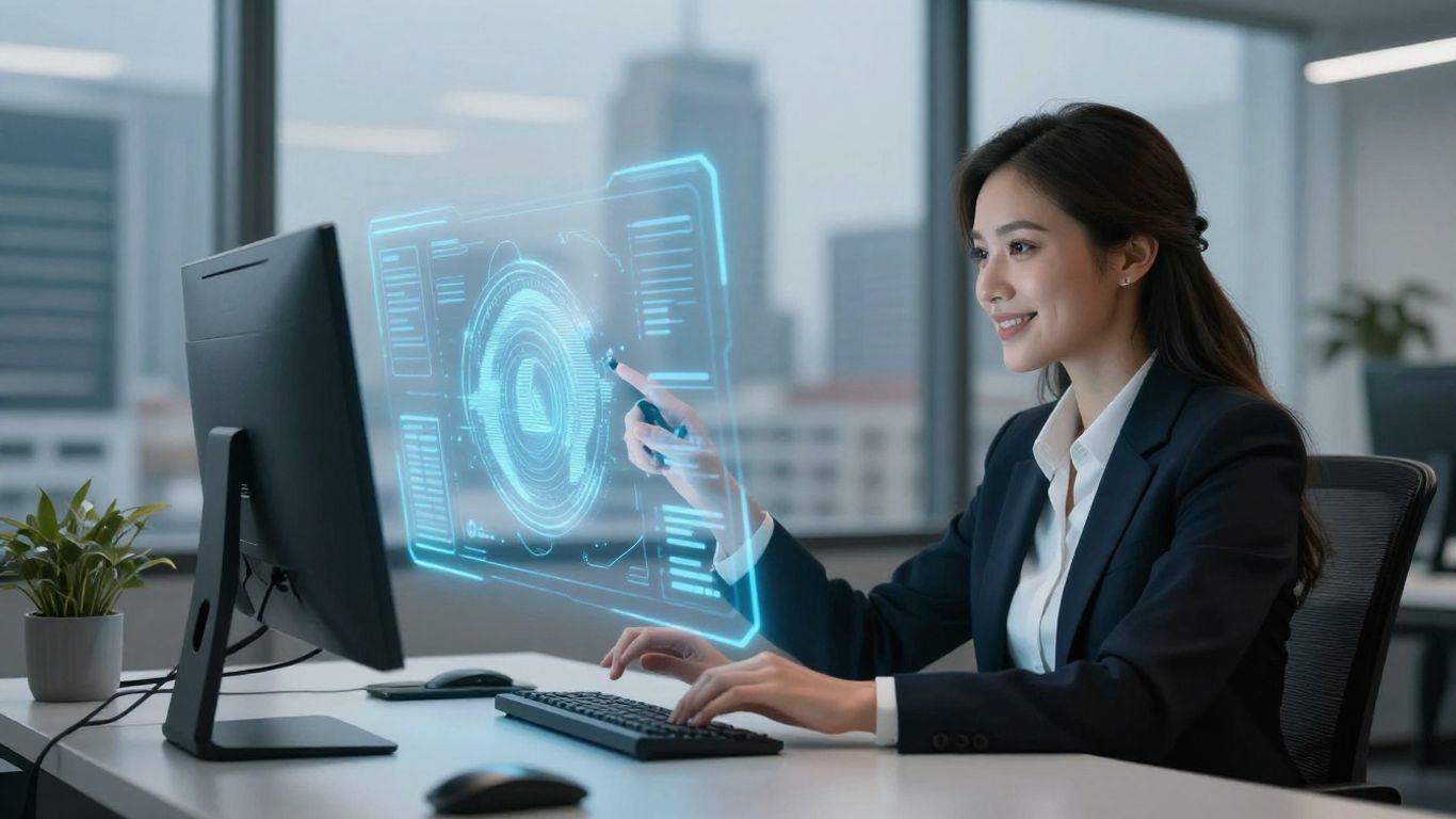 AI receptionist interface in a modern office.